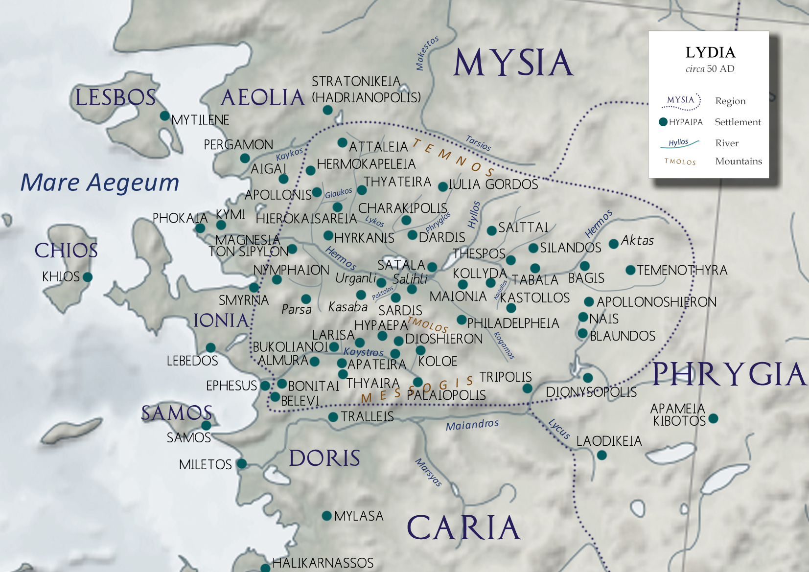 Map circa 50 AD showing the location cities of Lydia